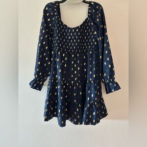 Cupshe long sleeve mini dress size large, blue with gold, new without tags.